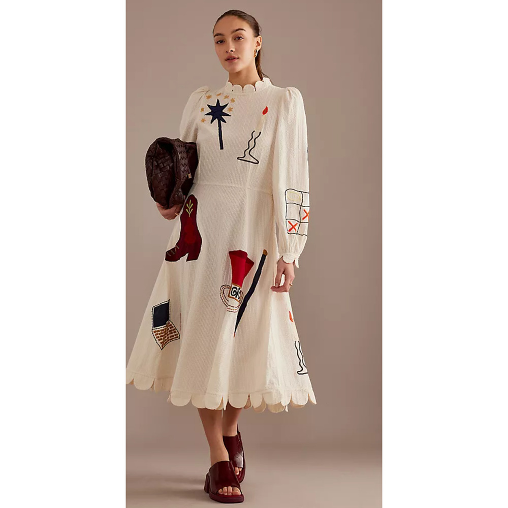 STELLA NOVA IVORY CIRCUS PRINTED APPLIQUE COTTON-SEERSUCKER MIDI DRESS SZ M US 8 - Picture 14 of 16